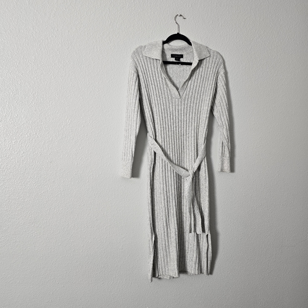 Ribbed Collared Knit Midi Dress in Light Gray Sz XS